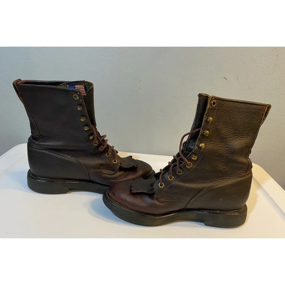 Justin Original Workboots Mens‎ 7.5 D Brown Leather Kiltie Lace Up Boots 0761